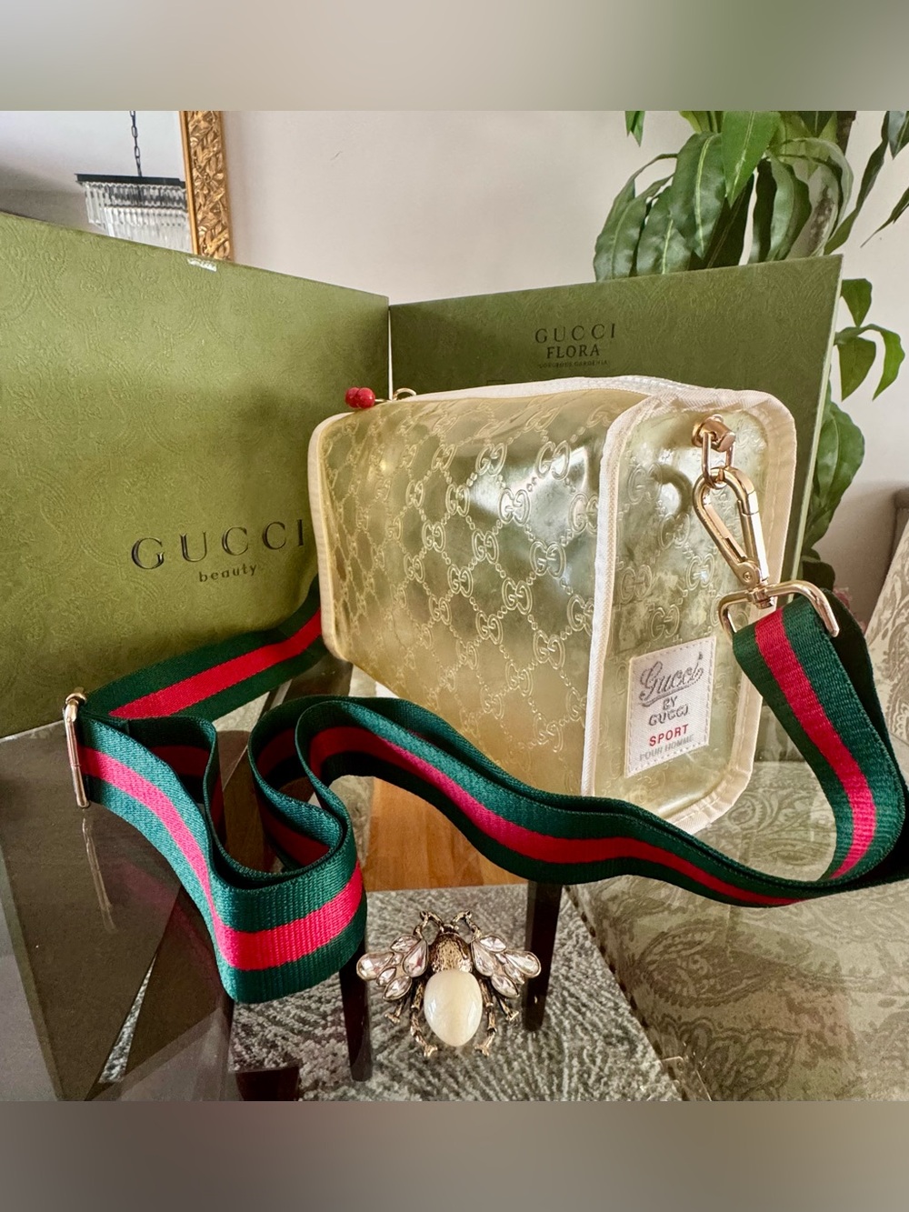 Gucci by Gucci Sport Clear Cosmetic Bag to Crossbody Stadium +brooch